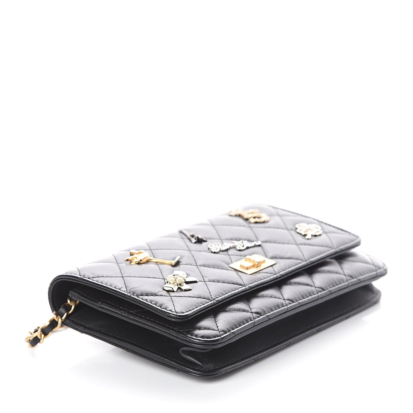 Aged Calfskin Quilted Lucky Charms 2.55 Reissue Wallet On Chain WOC Black