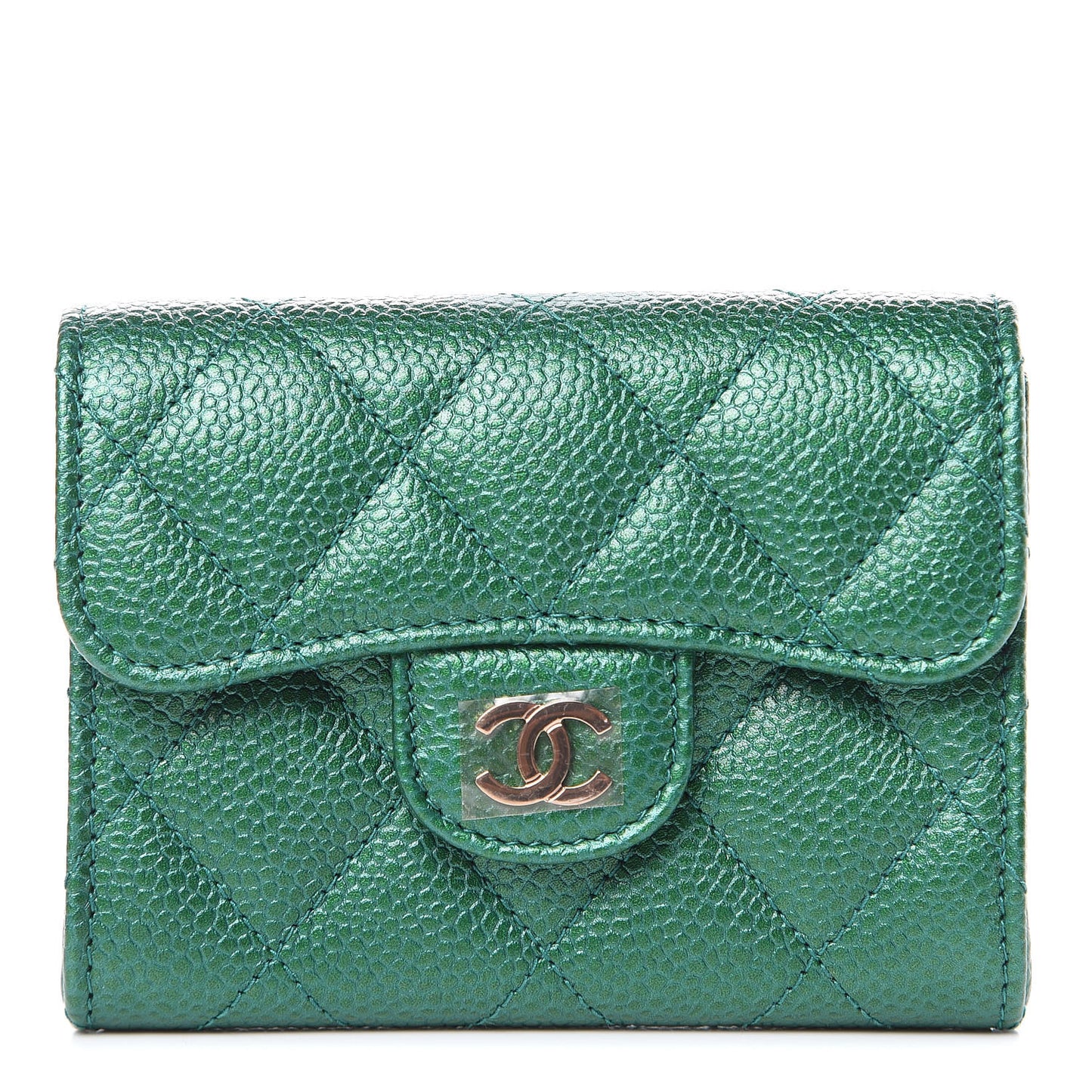Metallic Caviar Quilted Card Holder Wallet Green