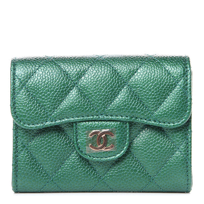 Chanel Metallic Caviar Quilted Card Holder Wallet Green 1 of 9
