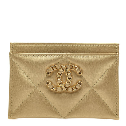 Chanel Metallic Goatskin Quilted Chanel 19 Card Holder Gold 1 of 9