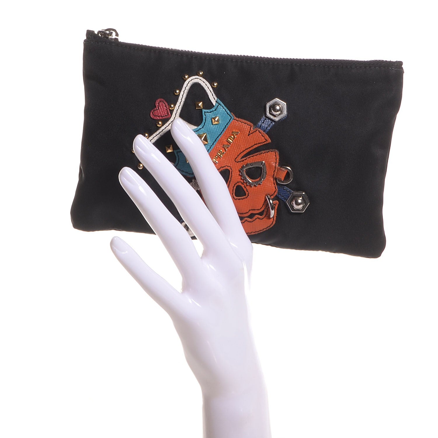 Prada Tessuto Nylon Saffiano Skull Cosmetic Pouch Nero Black 3 of 10