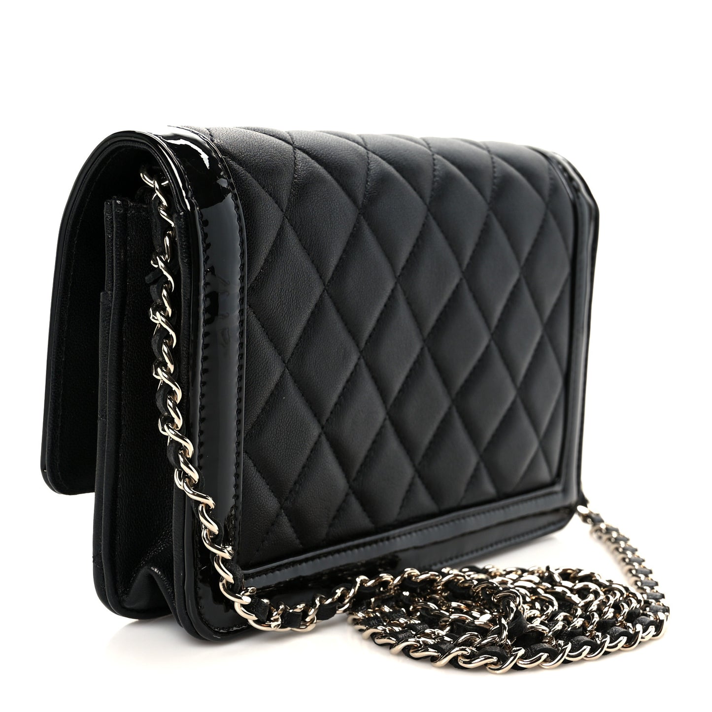 Lambskin Patent Calfskin Quilted Hold The Line CC Wallet On Chain WOC Black