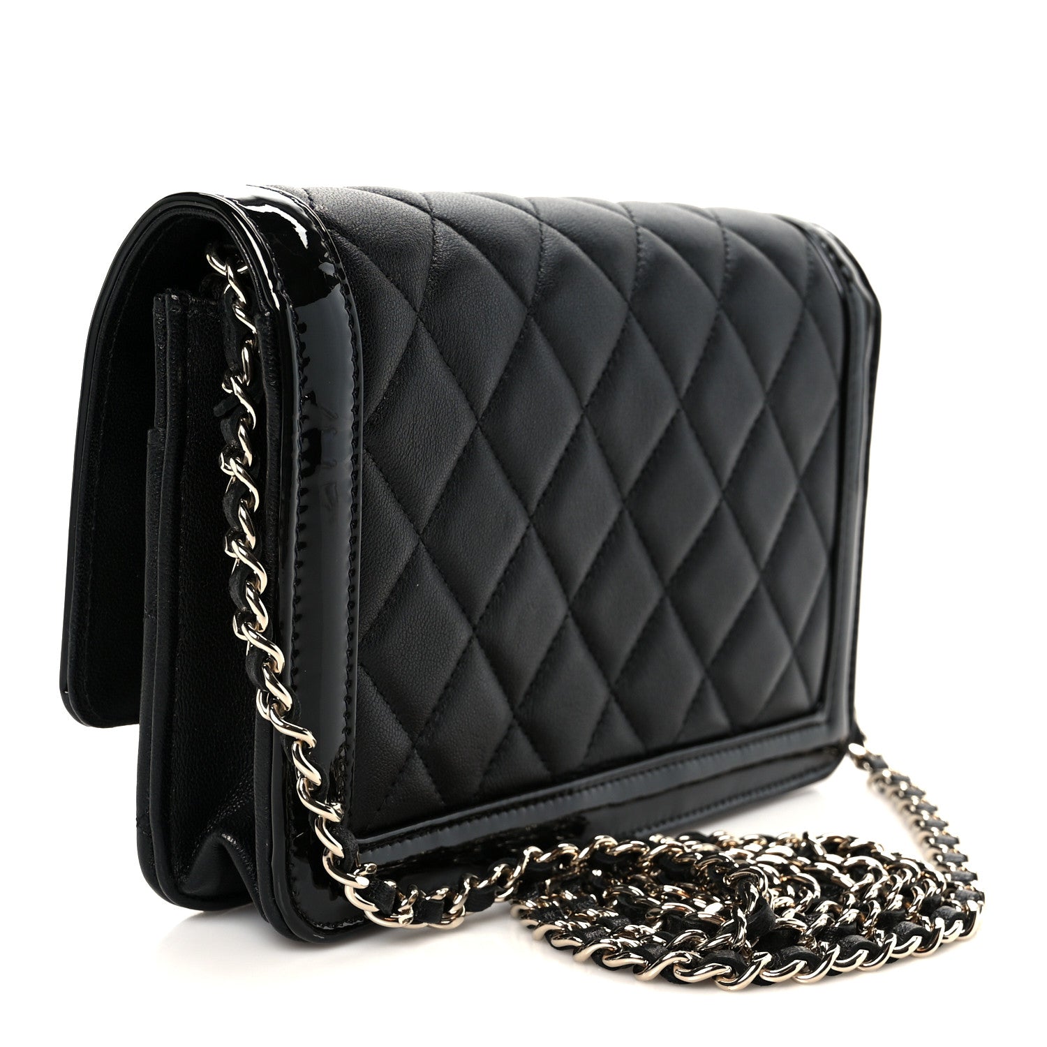 Chanel Lambskin Patent Calfskin Quilted Hold The Line CC Wallet On Chain WOC Black 3 of 12