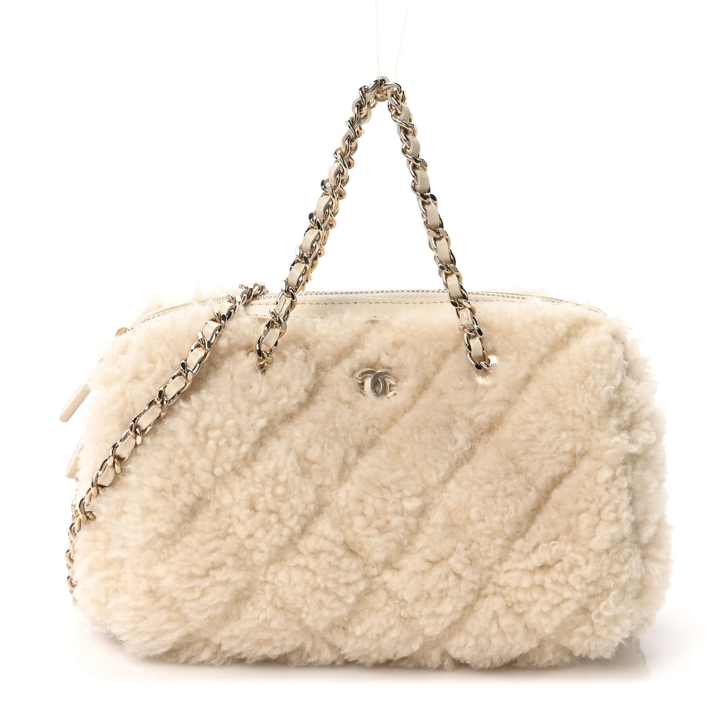 Shearling Quilted Barrel Clutch With Chain Beige