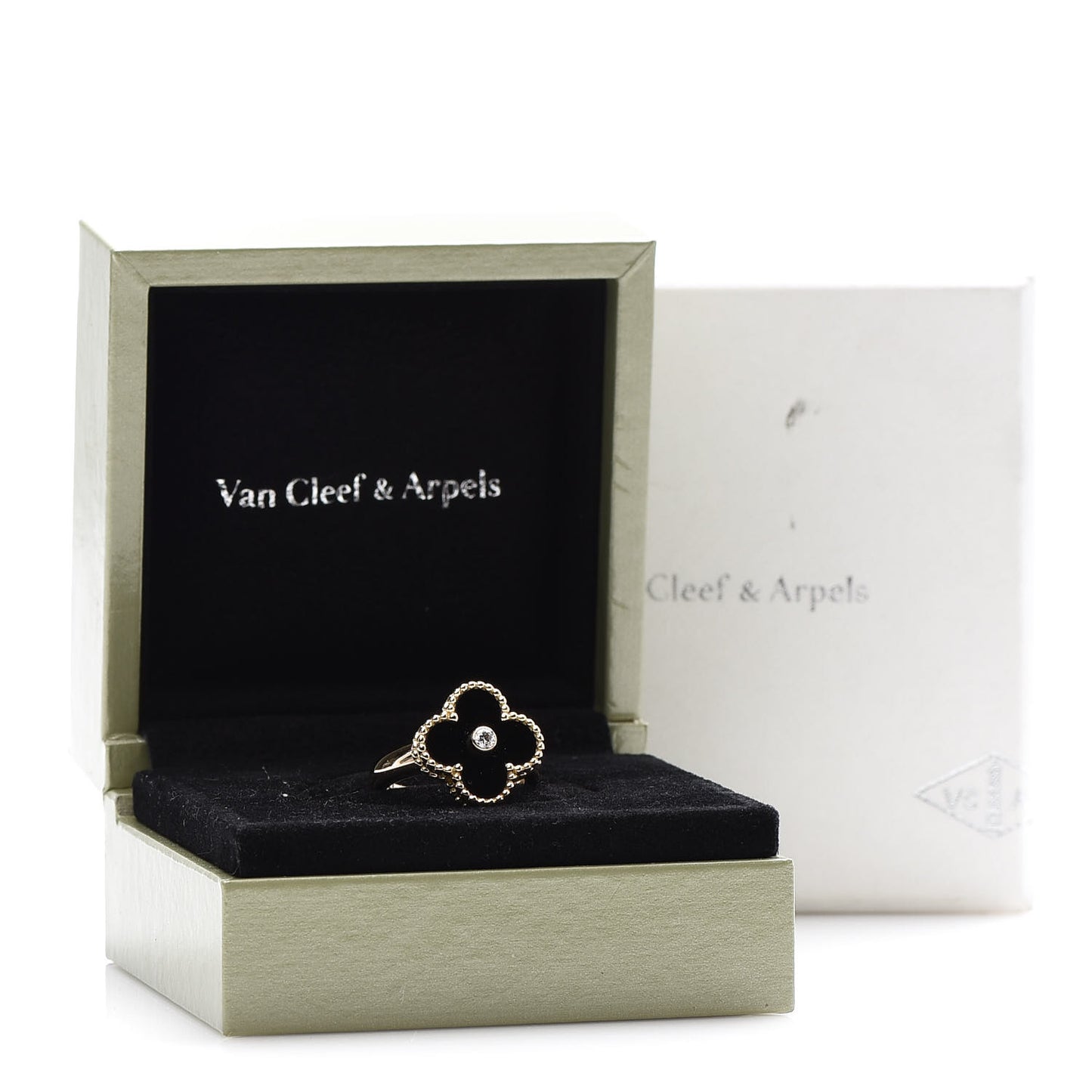 18K Yellow Gold Black Onyx Diamond Vintage Alhambra Ring 49 5