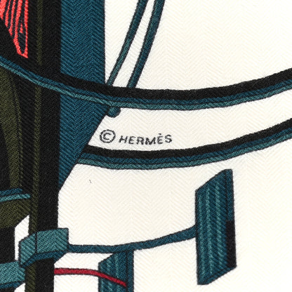 Hermes Cashmere Silk Les Voitures A Transformation Shawl 140 Naturel Rouge H Bleu 5 of 6