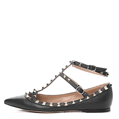 Valentino Garavani Pebbled Calfskin Rockstud Cage Ballerina Flats 37 Black 1 of 10