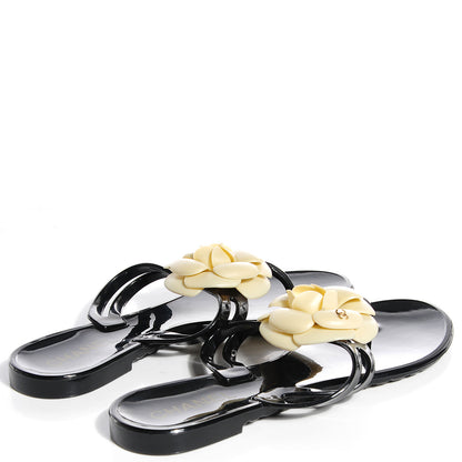 Chanel Jelly Camellia Thong Sandals 38 Black White 4 of 8