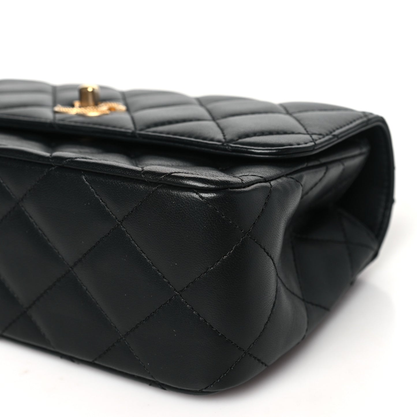 Lambskin Metal Quilted Twist Top Handle Flap With Chain Black
