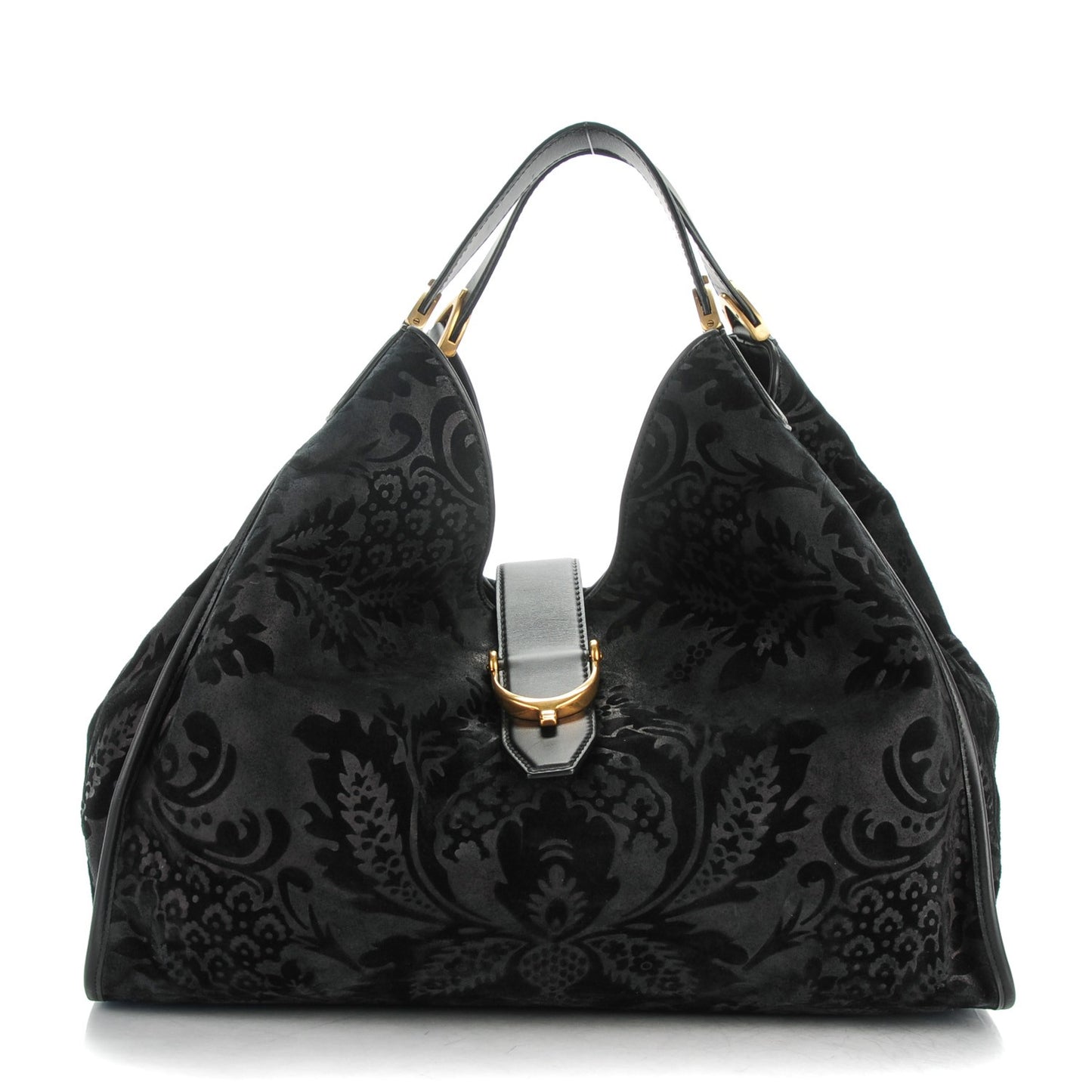 Nubuck Brocade Large Soft Stirrup Shoulder Bag Black