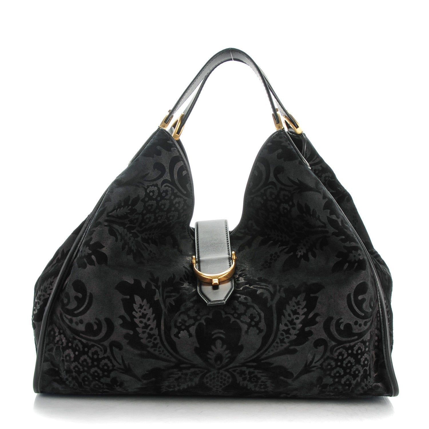Gucci Nubuck Brocade Large Soft Stirrup Shoulder Bag Black 1 of 7