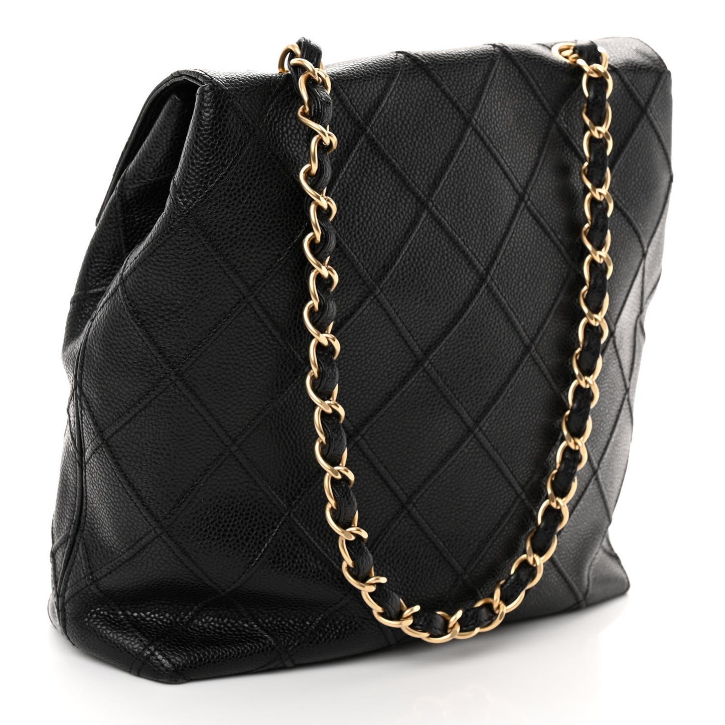 Caviar Stitched Fold Over Shoulder Bag Black