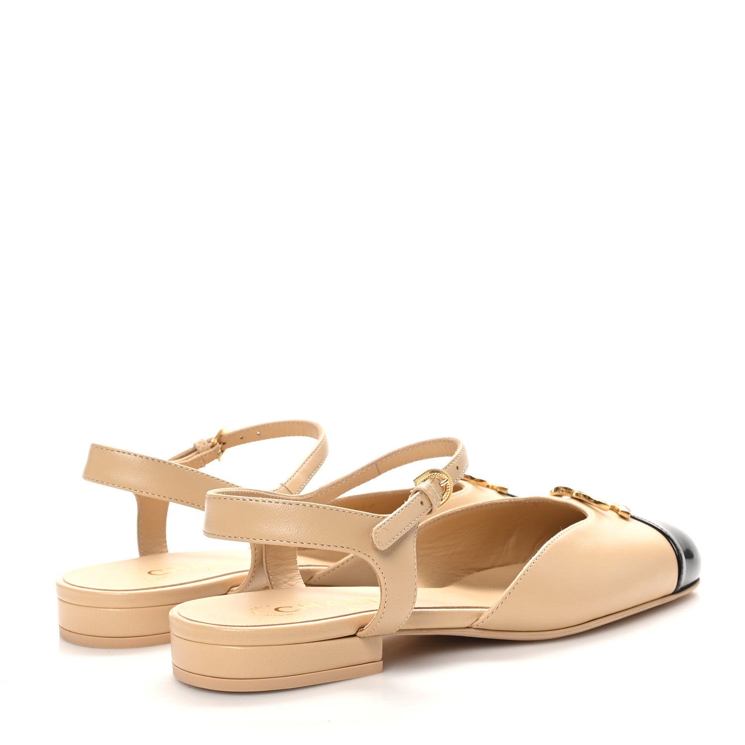 Chanel Lambskin Patent Cap Toe Crystal Enamel CC Mary Jane Slingback Flats 39 Beige Black 5 of 9