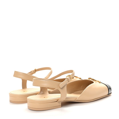 Chanel Lambskin Patent Cap Toe Crystal Enamel CC Mary Jane Slingback Flats 39 Beige Black 5 of 9