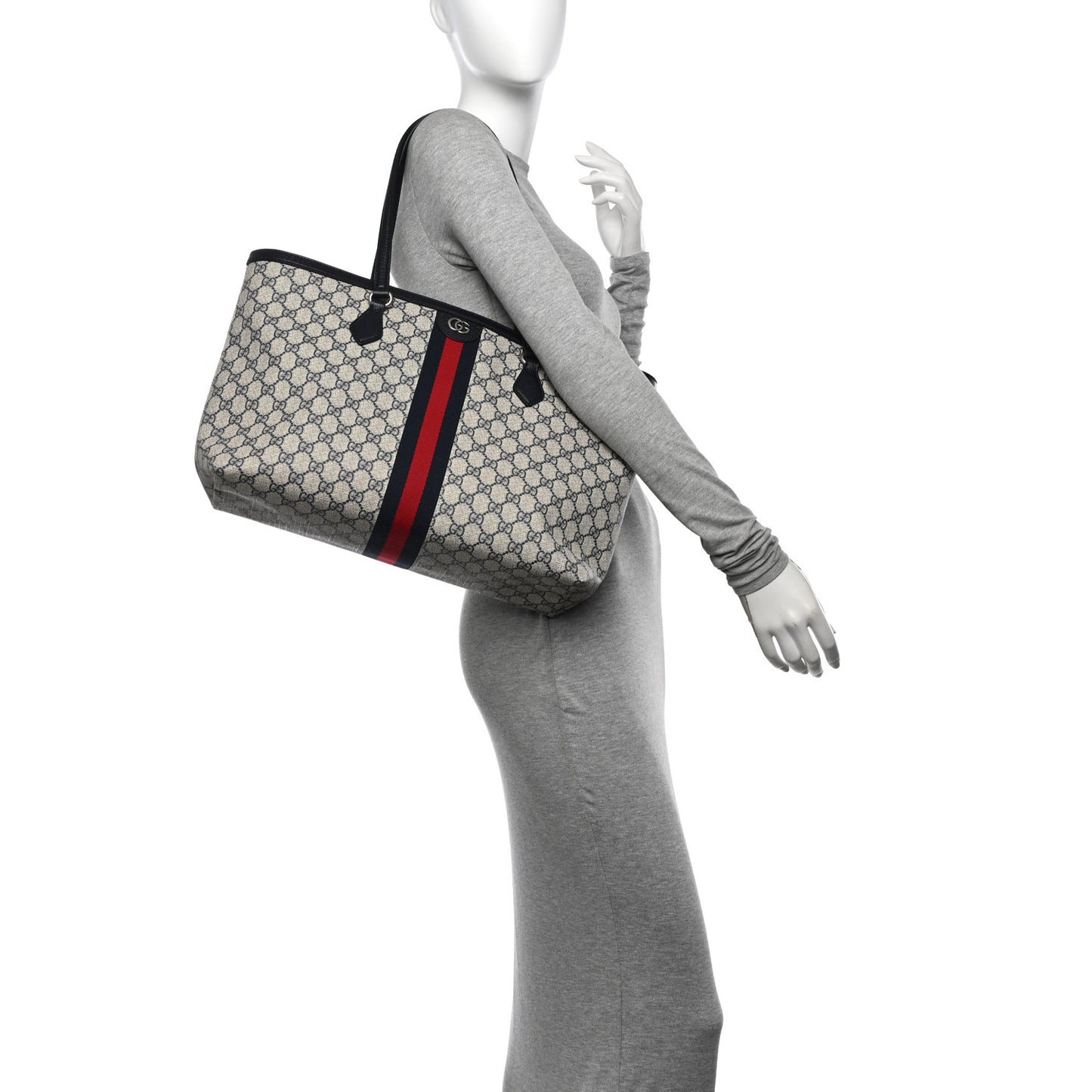 GG Supreme Monogram Textured Calfskin Web Medium Ophidia Shopping Tote Beige Blue