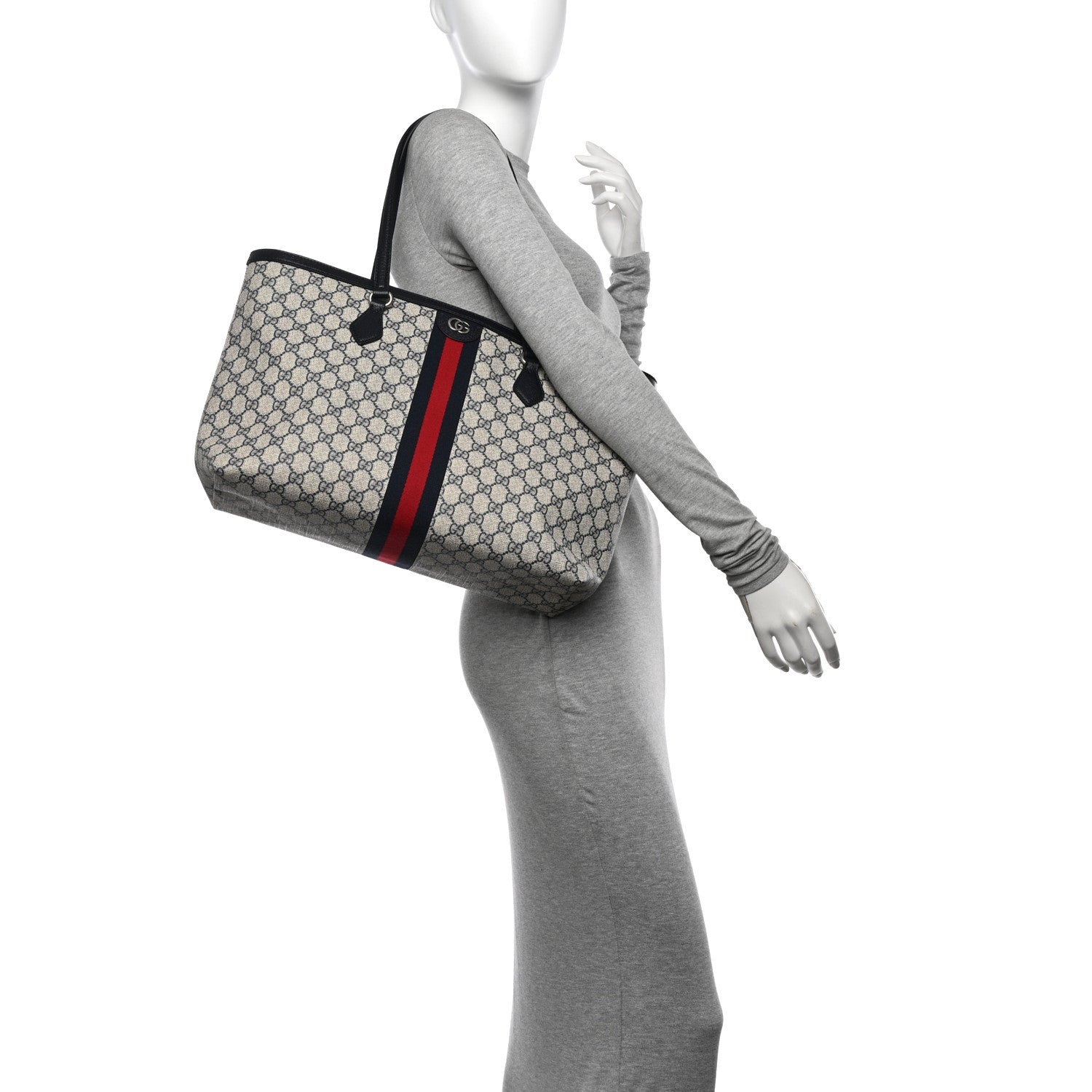 Gucci GG Supreme Monogram Textured Calfskin Web Medium Ophidia Shopping Tote Beige Blue 2 of 10