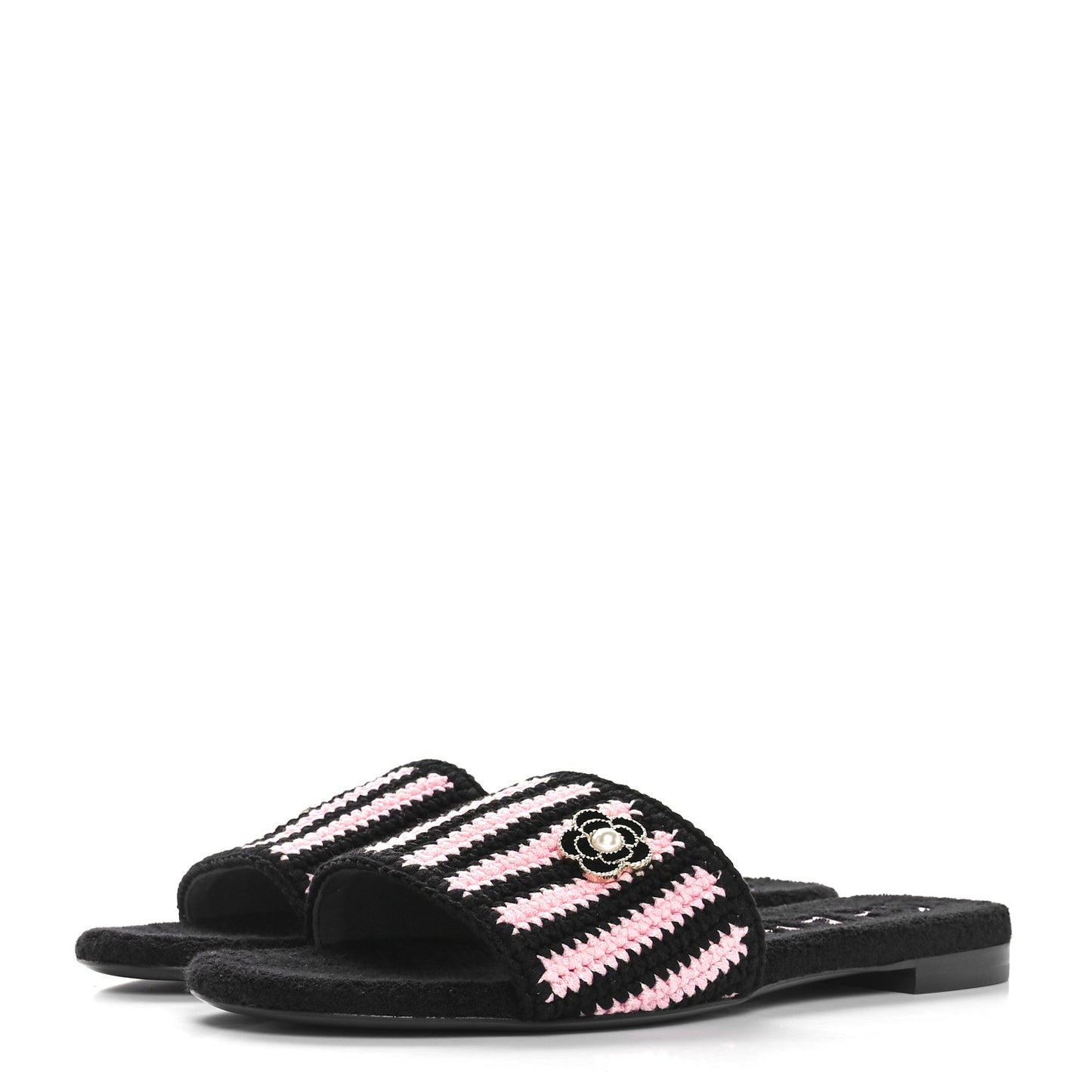Crochet Striped Enamel Camellia Mules Sandals 41 Pink Black
