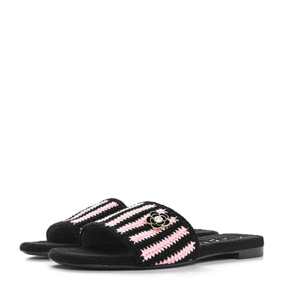 Chanel Crochet Striped Enamel Camellia Mules Sandals 41 Pink Black 3 of 9