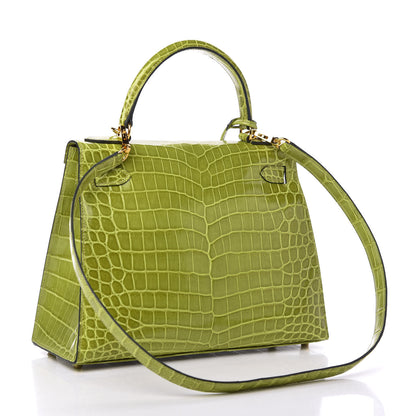 Hermes Shiny Niloticus Crocodile Kelly Sellier 28 Vert Anis 3 of 11