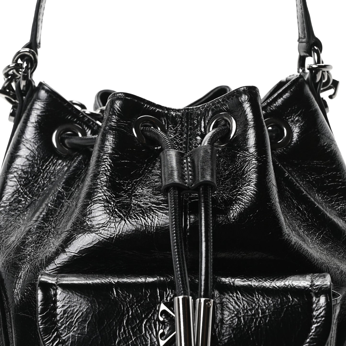 Calfskin Dumbo B Chain Pocket Bucket Bag Black