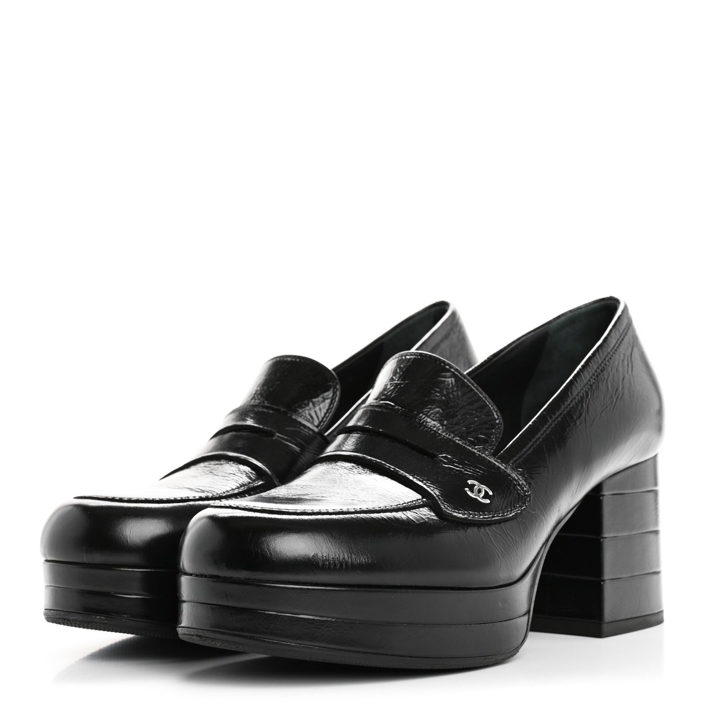 Shiny Calfskin CC Platform Mocassin Loafers 39 Black