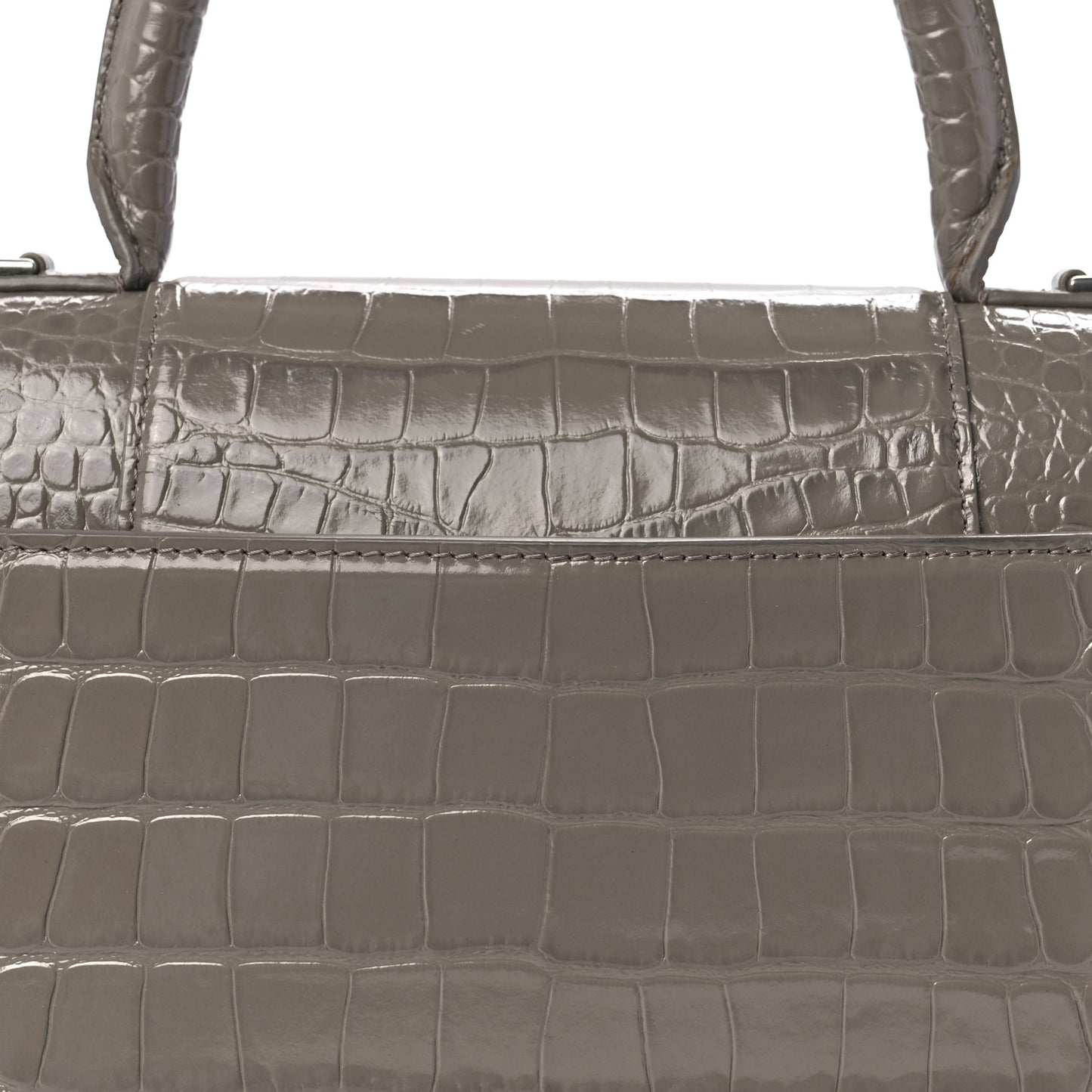 Shiny Calfskin Crocodile Embossed Medium Hourglass Top Handle Bag Mink Grey