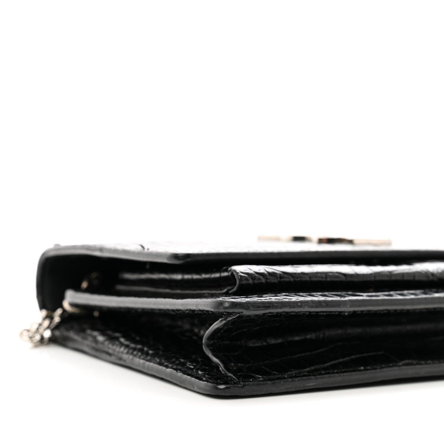 Saint Laurent Calfskin Crocodile Embossed Monogram Sunset Top Handle Chain Wallet Black 8 of 12