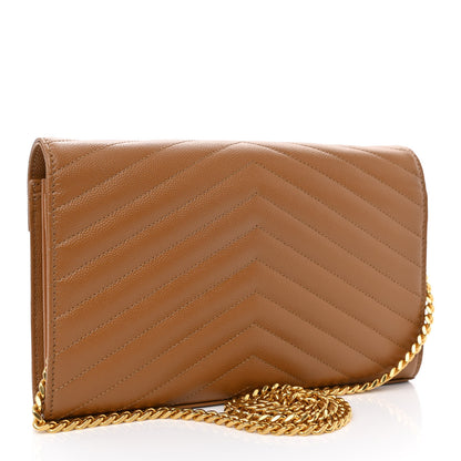 Saint Laurent Grain De Poudre Matelasse Chevron Monogram Chain Wallet Dark Natural 3 of 10