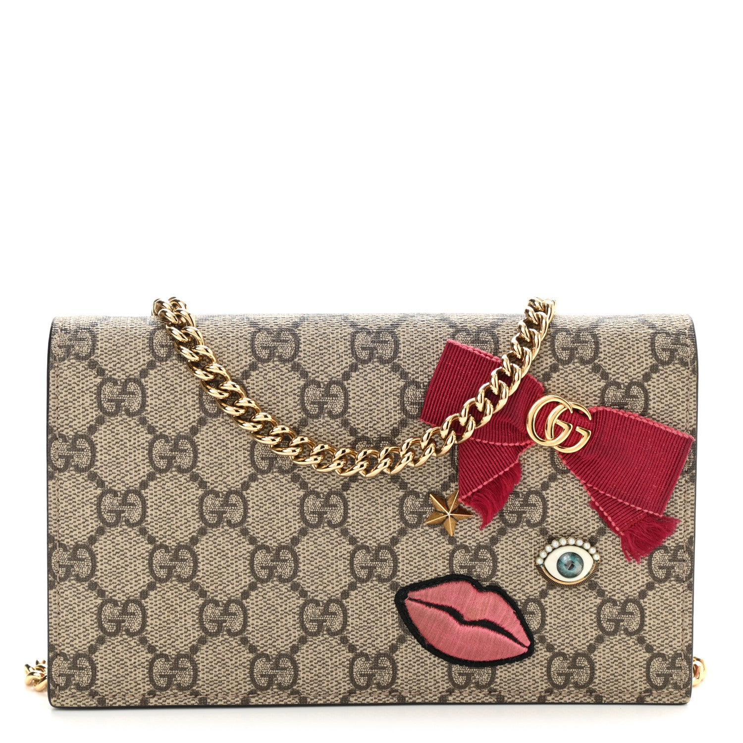 Gucci GG Supreme Monogram Face Embroidered Chain Wallet Pink 1 of 8
