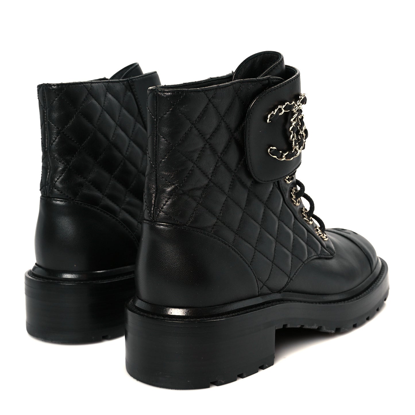 Shiny Lambskin Quilted Lace Up Combat Boots 39 Black
