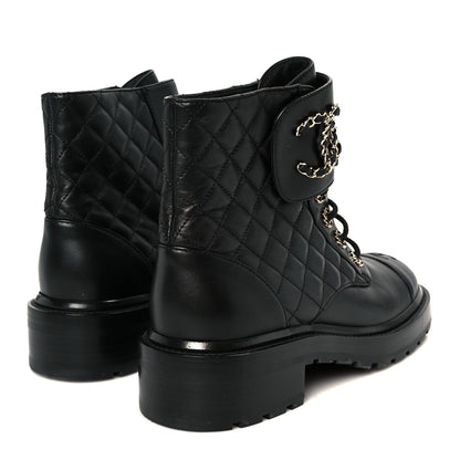 Chanel Shiny Lambskin Quilted Lace Up Combat Boots 39 Black 5 of 11