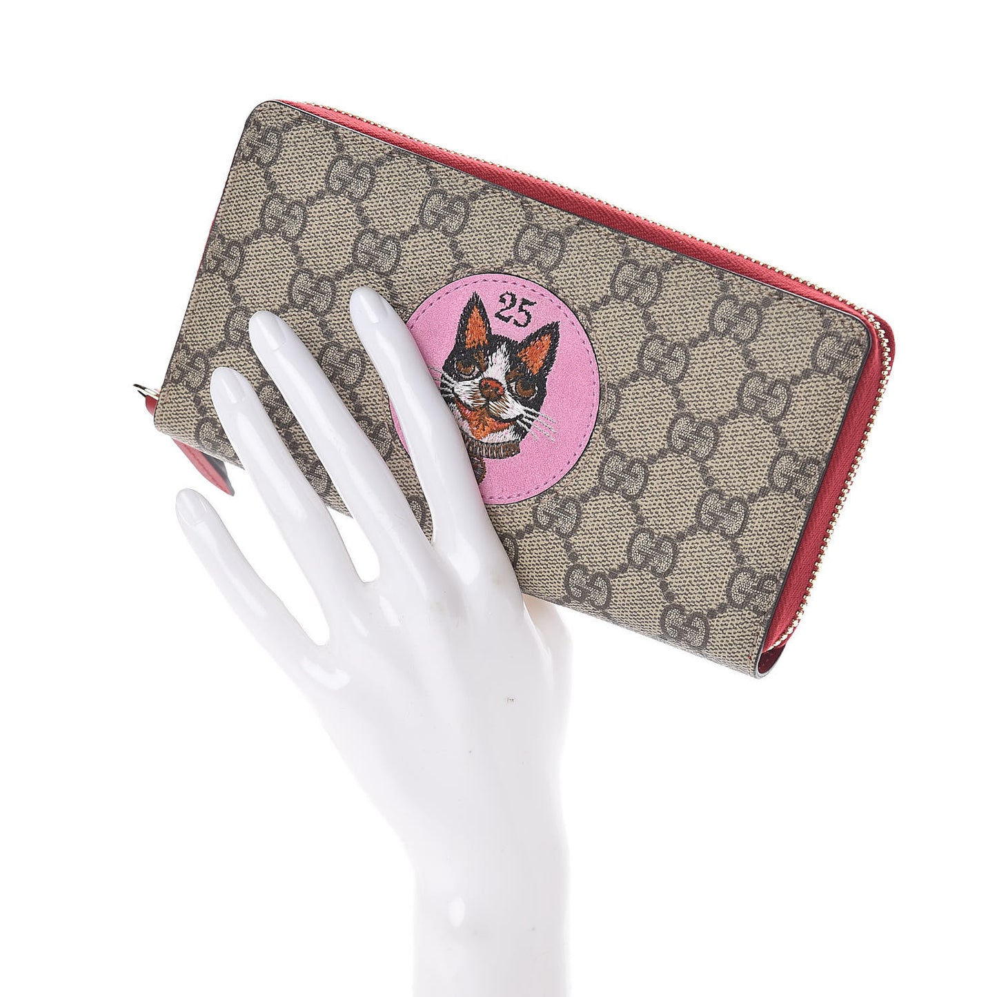 GG Supreme Monogram Bosco Patch Zip Around Wallet Beige Malva Hibiscus Red