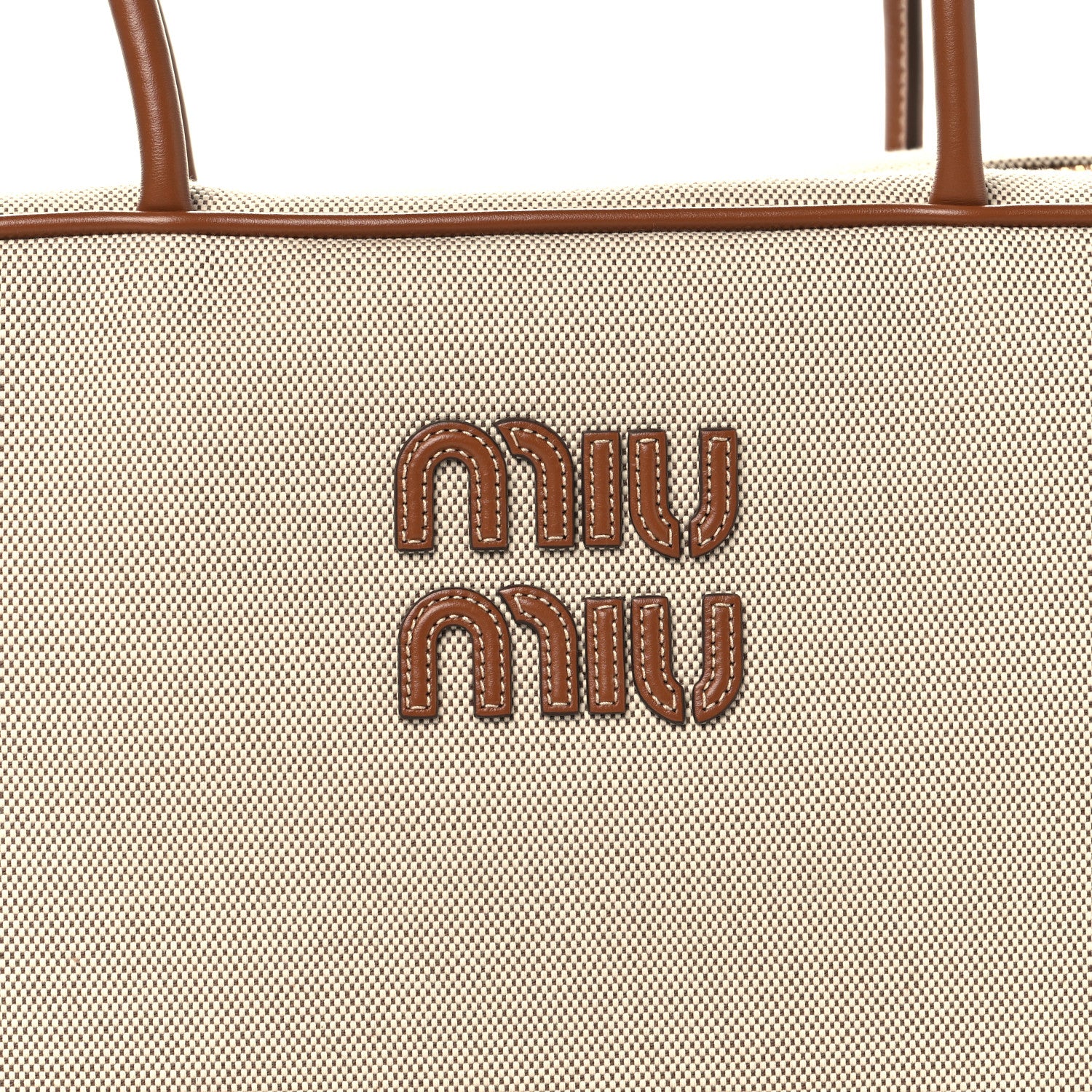 Miu Miu Canvas Calfskin Large Beau Top Handle Bag Naturale Brandy