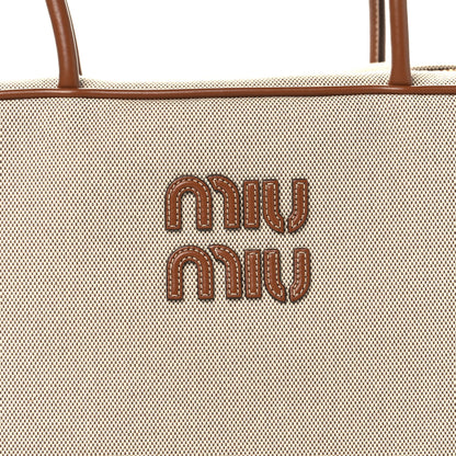 Miu Miu Canvas Calfskin Large Beau Top Handle Bag Naturale Brandy 7 of 9