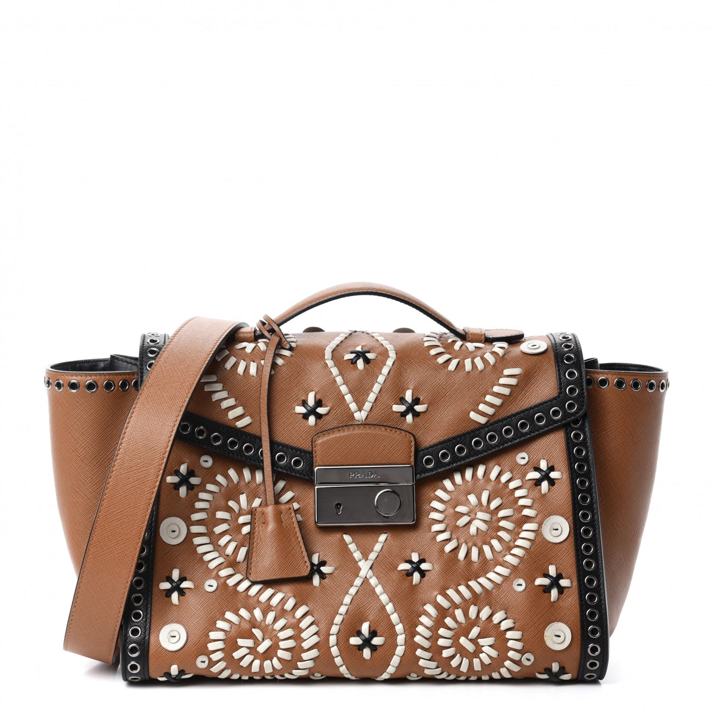 Saffiano Embroidered Sound Twin Pocket Satchel Caramel