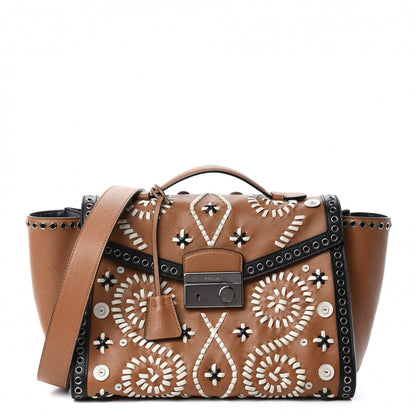 Prada Saffiano Embroidered Sound Twin Pocket Satchel Caramel 1 of 10