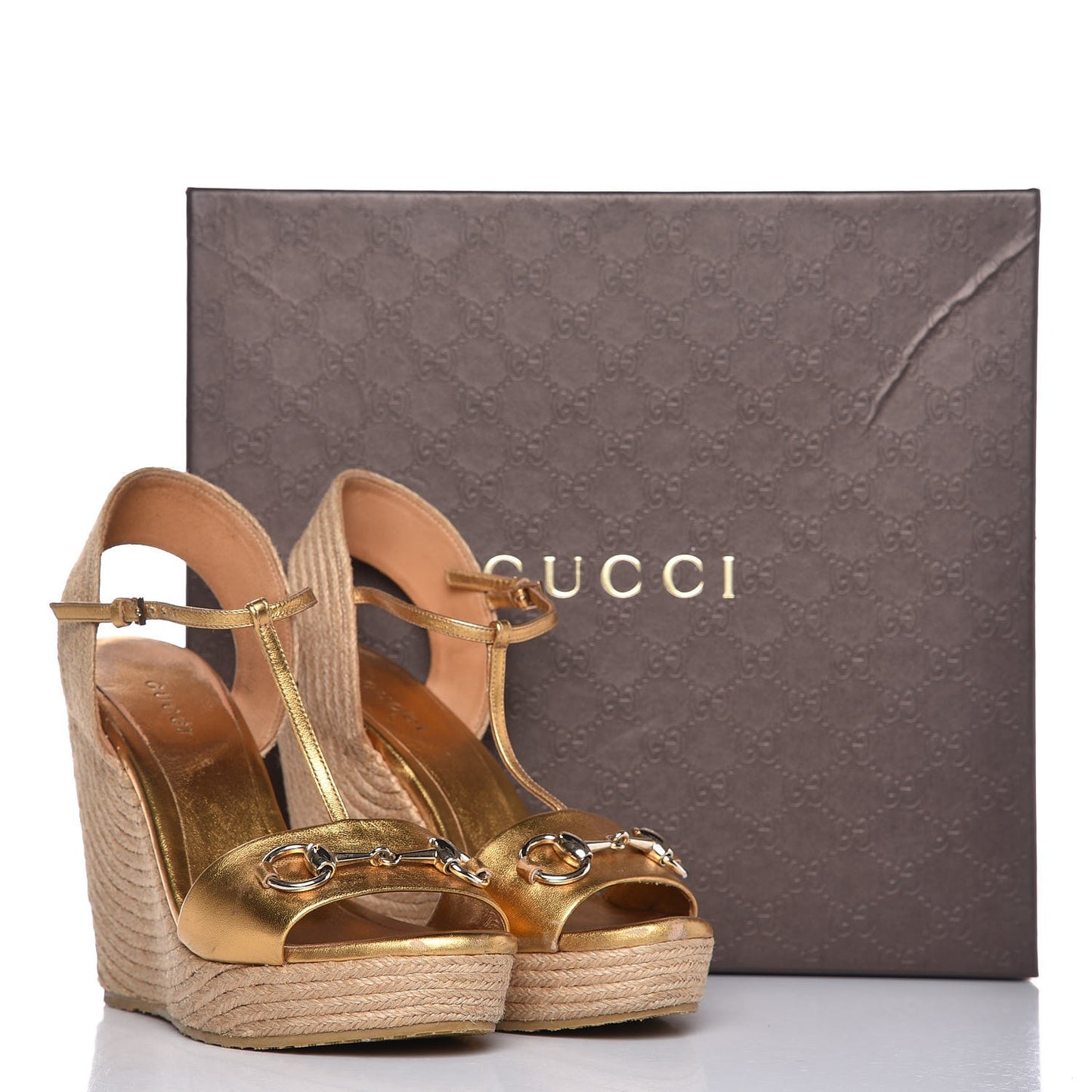 Nappa Silk Horsebit Espadrille Wedge Sandals 36 New Oro Rutenio