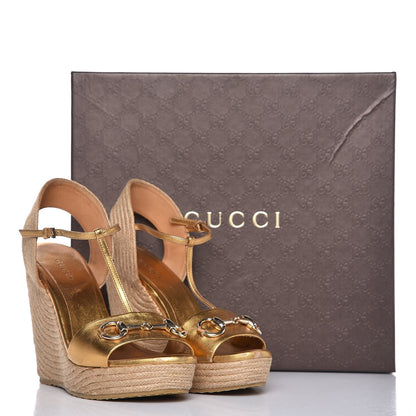 Gucci Nappa Silk Horsebit Espadrille Wedge Sandals 36 New Oro Rutenio 15 of 15
