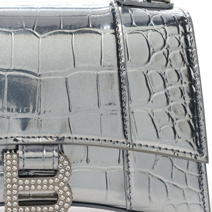 Balenciaga Metallic Calfskin Crocodile Embossed Crystal Hourglass Top Handle Bag XS Silver 9 of 14