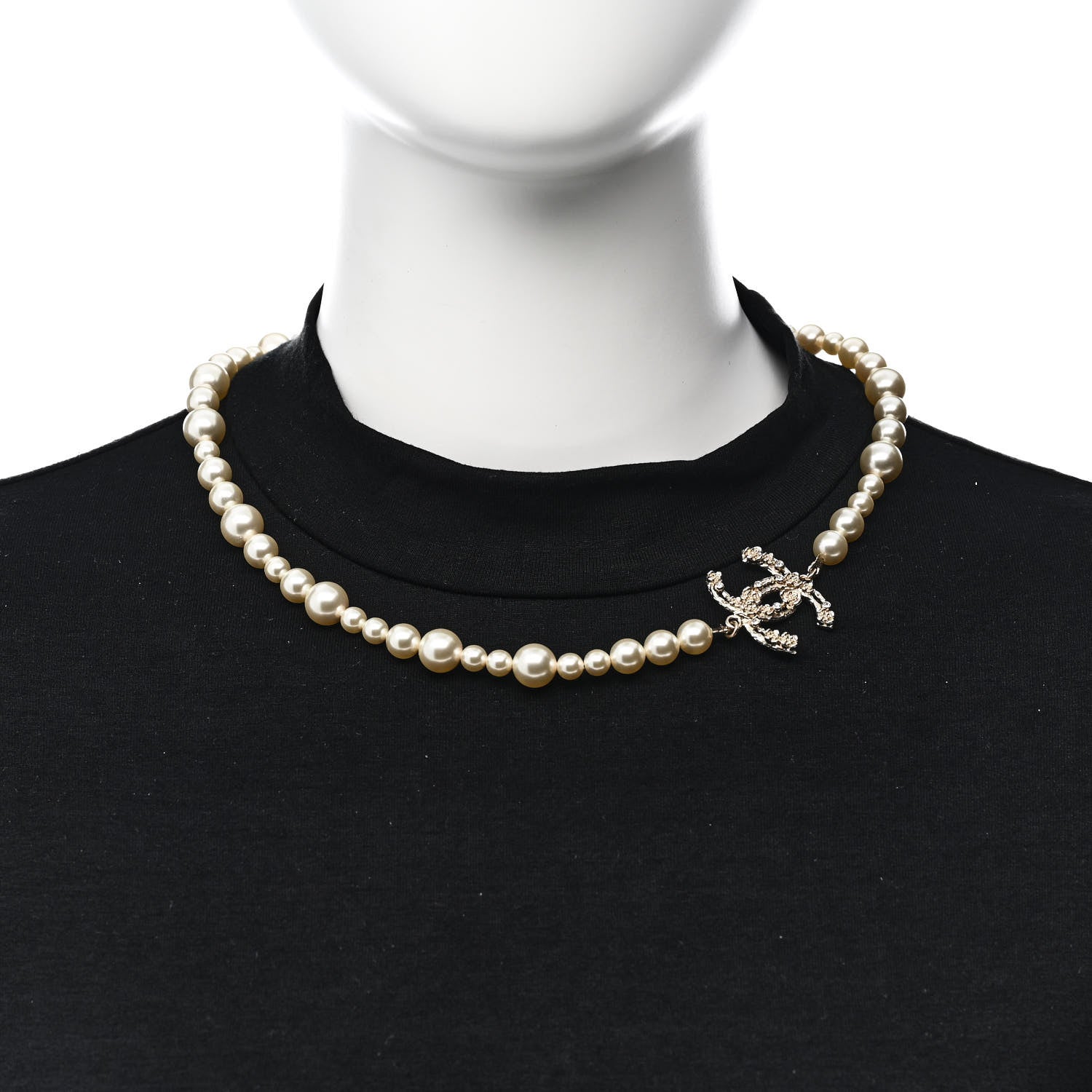 Chanel Pearl Crystal CC Camellia Short Necklace Gold 2 of 5