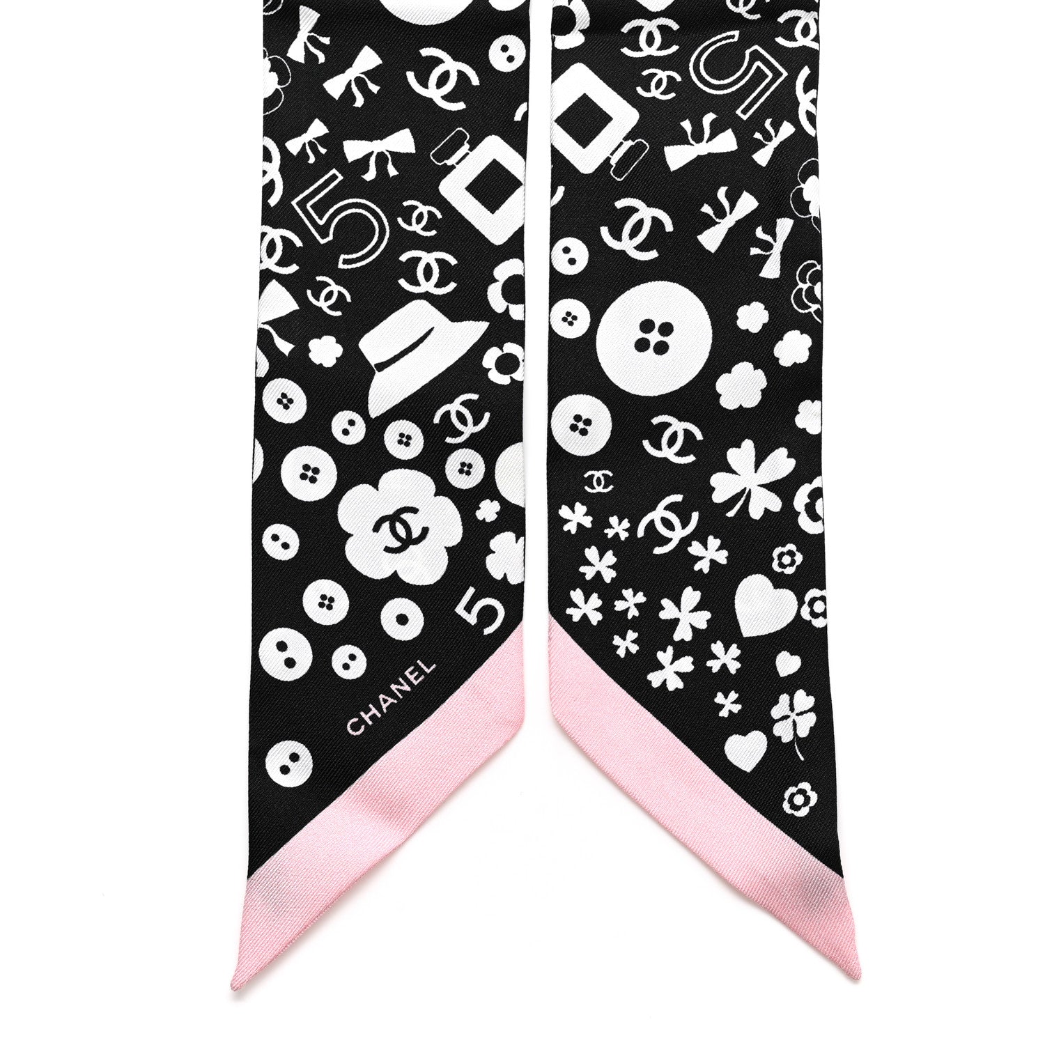 Chanel Silk CC Charms Slim Bandeau Scarf Black White Pink 2 of 3