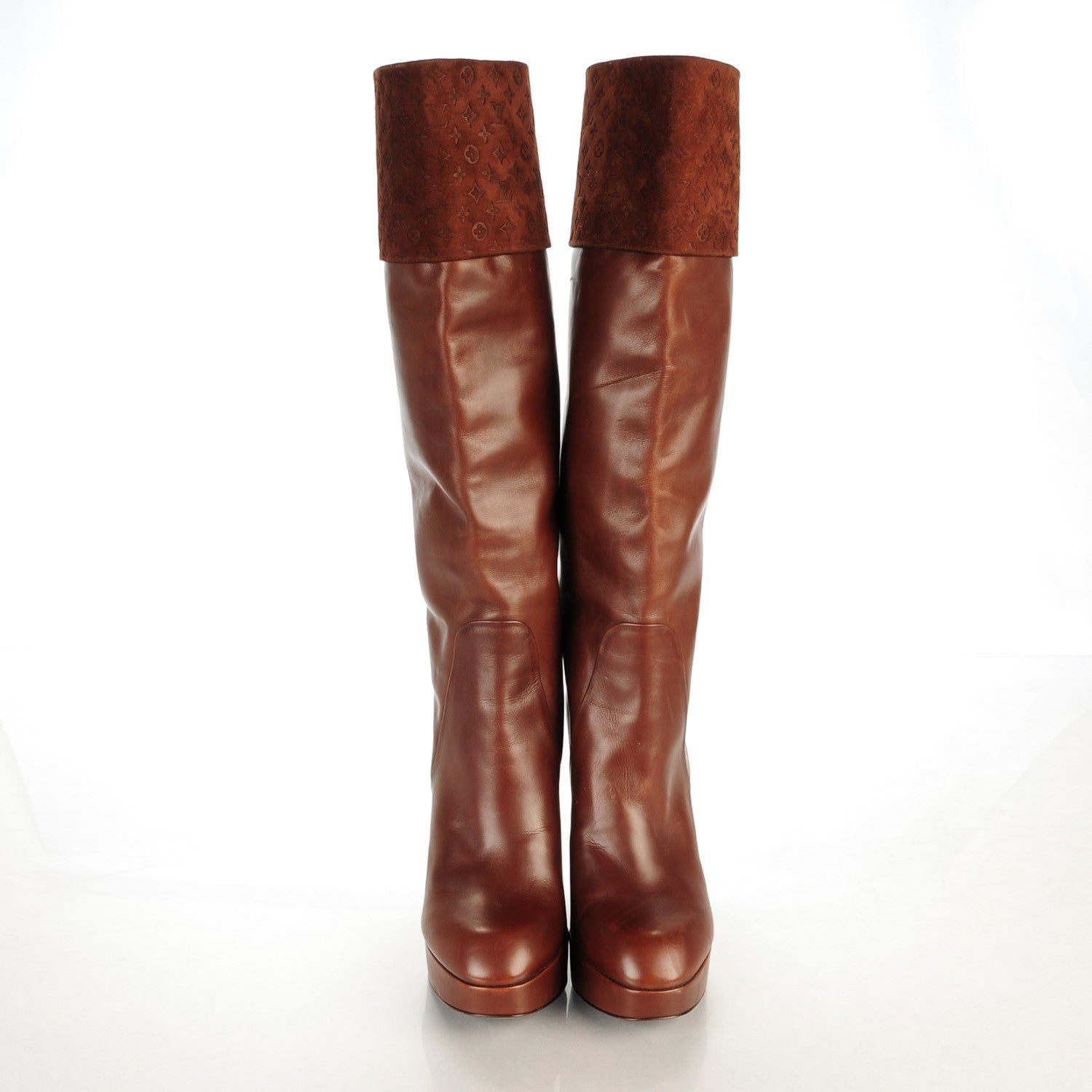 Louis Vuitton Calfskin Suede Monogram Over The Knee Heeled Boots 39 Brown 2 of 10