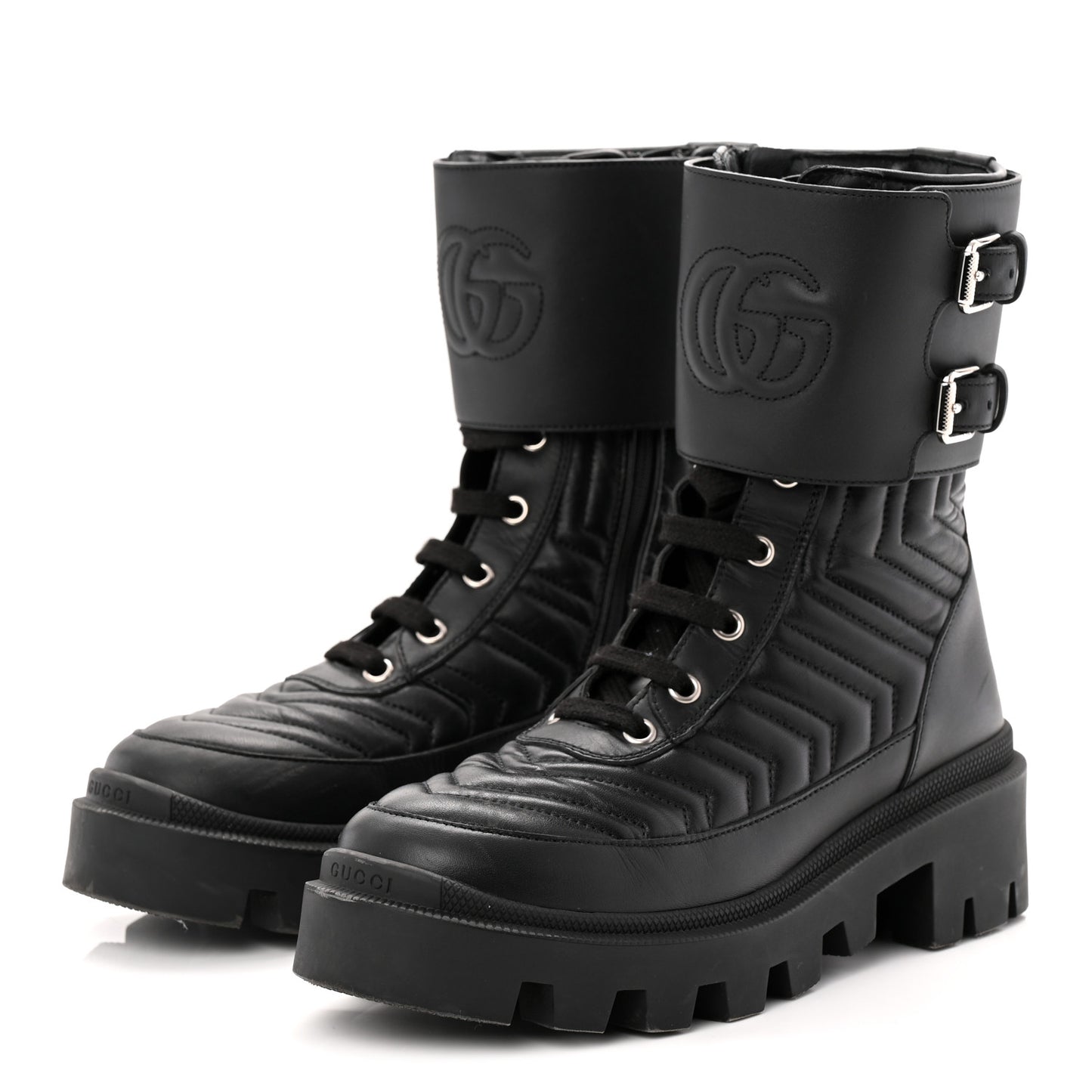 Nappa Frances GG Matelasse Platform Combat Boots 36 Black