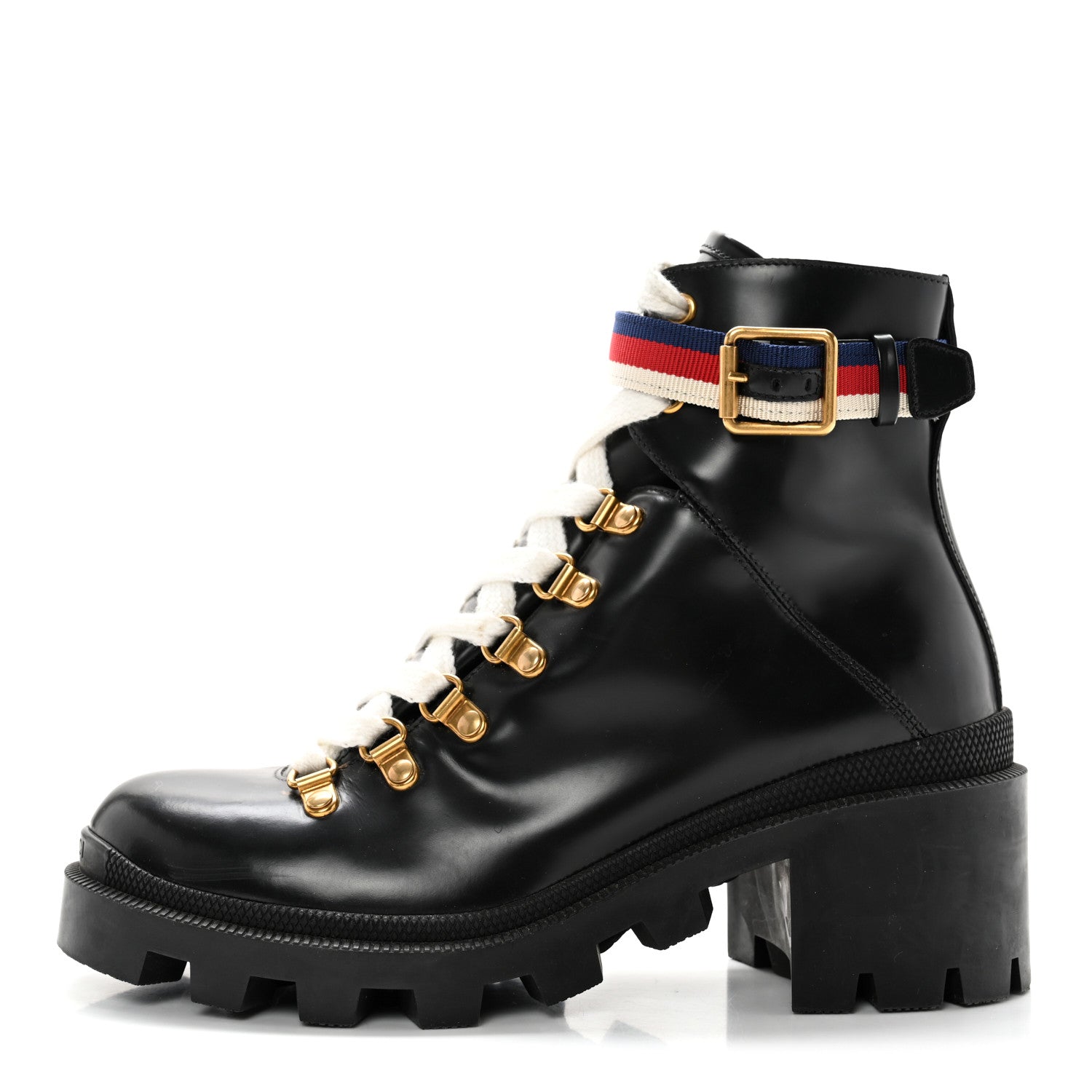 Gucci Calfskin Sylvie Web Womens Lace Up Combat Boots 37 Black 1 of 15