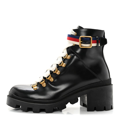 Gucci Calfskin Sylvie Web Womens Lace Up Combat Boots 37 Black 1 of 15