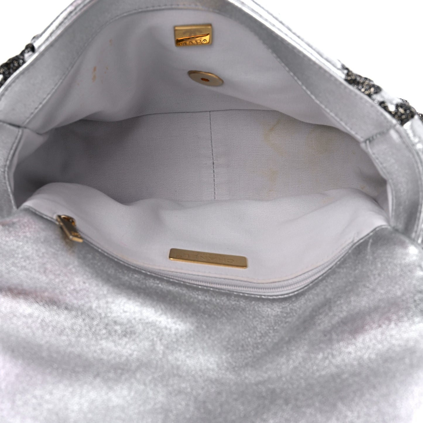 Metallic Calfskin Crochet Medium Chanel 19 Flap Silver