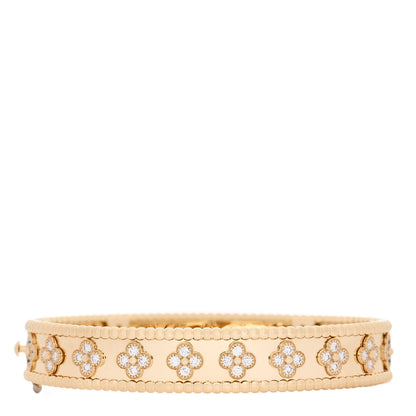 Van Cleef & Arpels 18K Yellow Gold Diamond Perlee Clovers Bangle Bracelet M 1 of 4