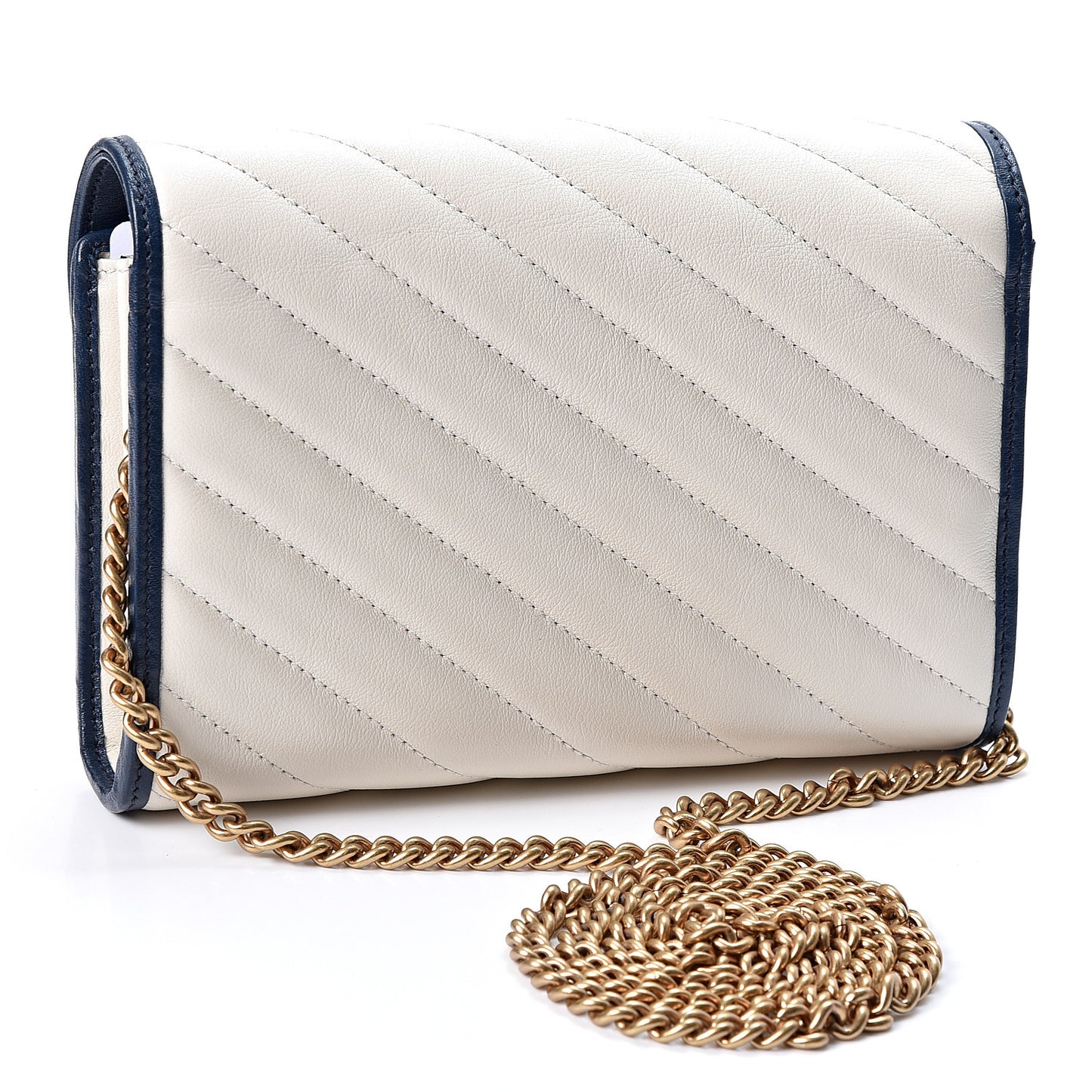 Vintage Effect Calfskin Matelasse Diagonal Torchon GG Marmont Chain Wallet Mystic White Blue Agata