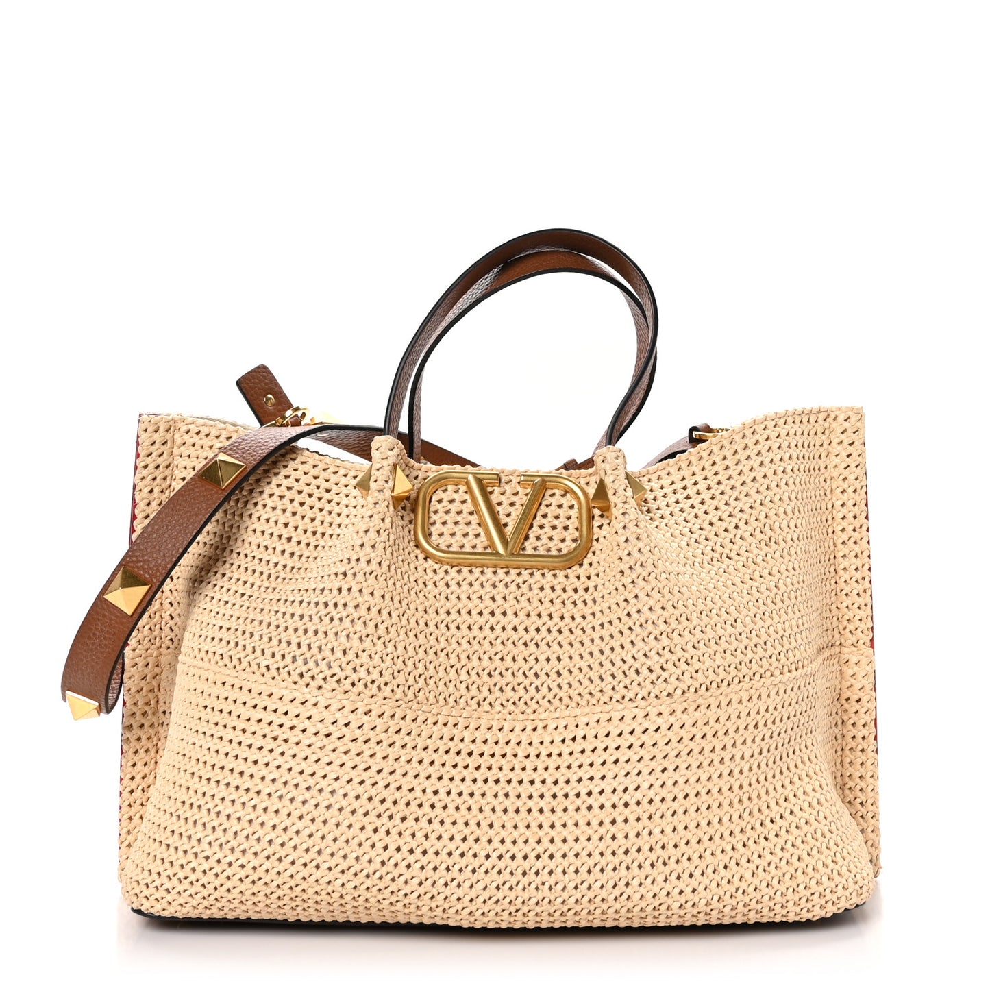 Raffia Grained Calfskin Medium Rockstud Vlogo Tote Naturale