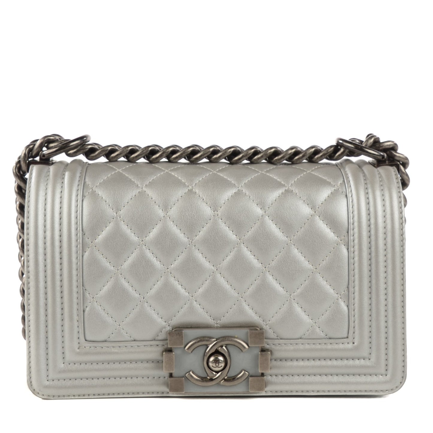 Calfskin Quilted Small Boy Flap Silver